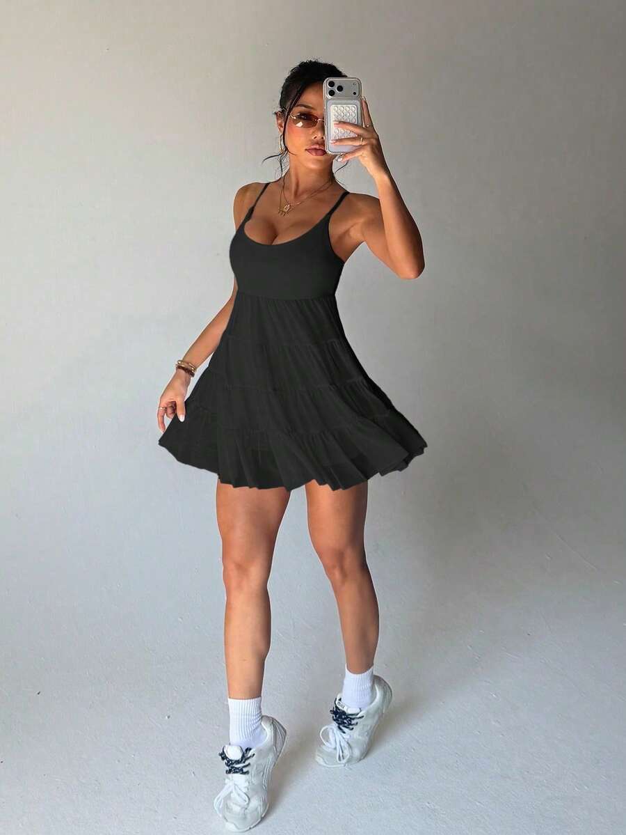 adjustable spaghetti strap mesh ruffle mini sports dress with built in pocket shorts image 6
