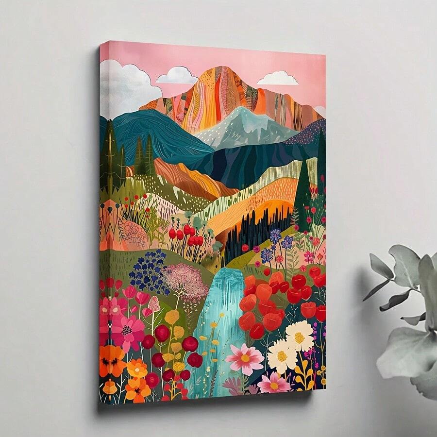 Side view of colorful 2D flat mountain garden canvas wall art