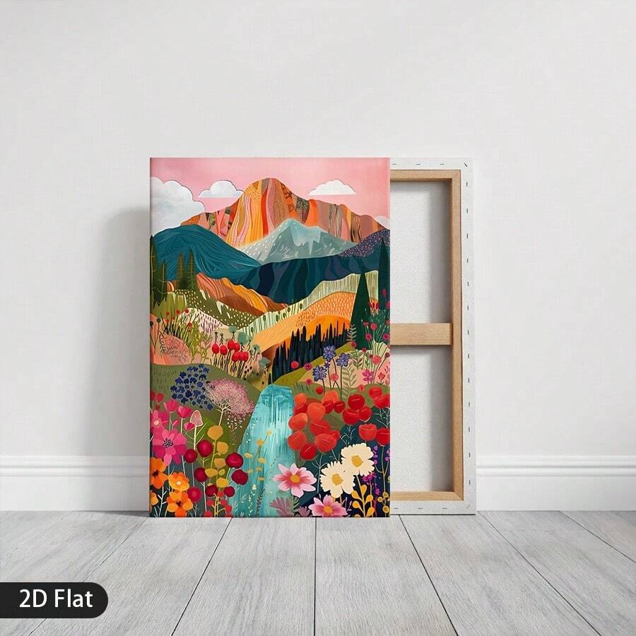 Colorful landscape canvas with wooden stretcher back construction view
