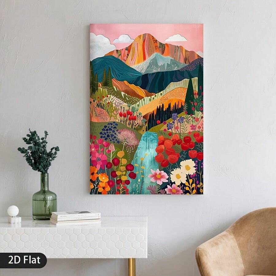 Mountain garden wall art displayed above console in living room