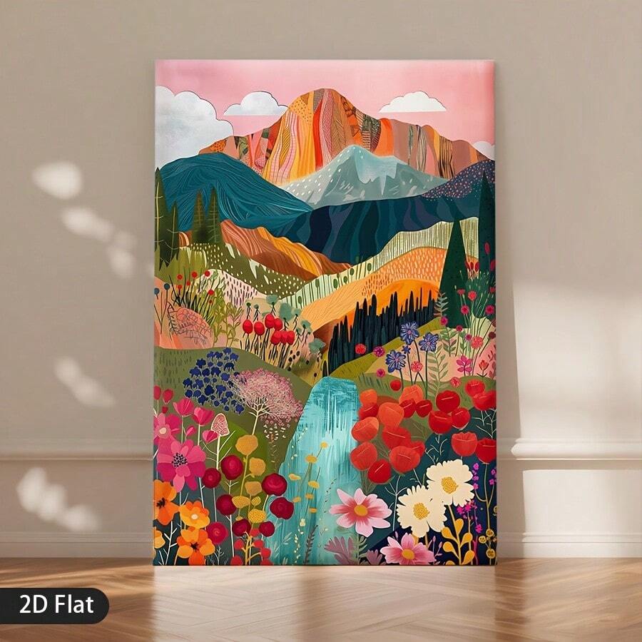 Colorful mountain garden canvas wall art styled on console with vases