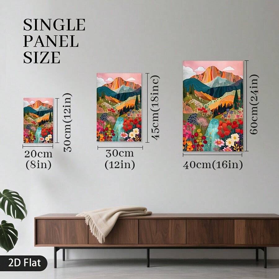 Size guide for colorful mountain garden single panel canvas art