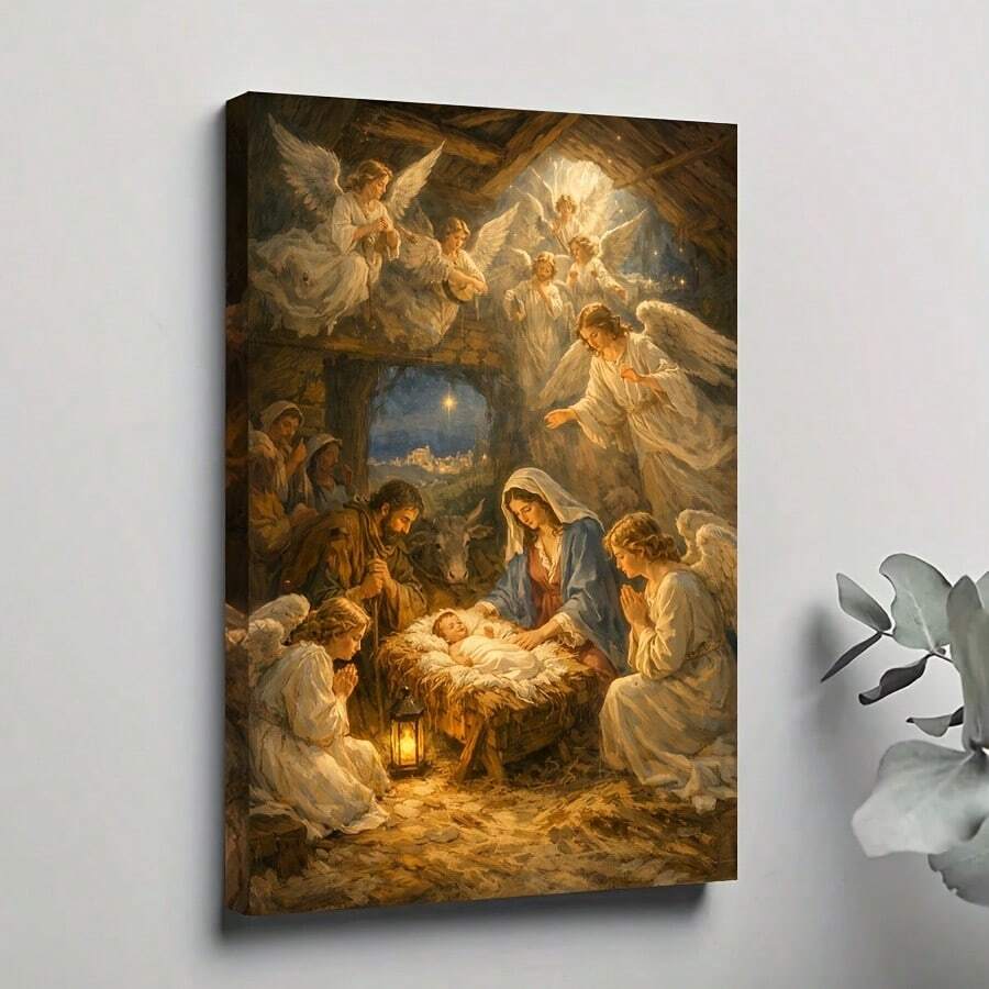 Nativity canvas above a white console, showing baby Jesus, Mary, Joseph and angels in a warmly lit stable