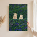 Large sheep meadow canvas wall art held near neutral wall