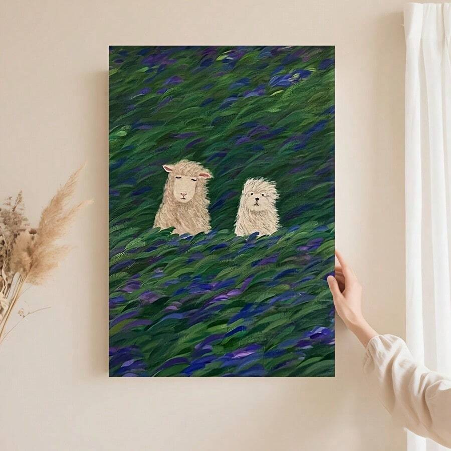 Large sheep meadow canvas wall art held near neutral wall