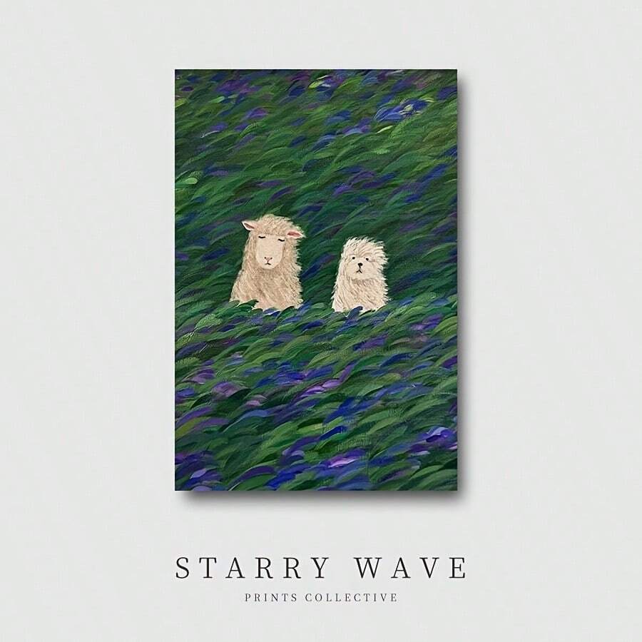 Starry Wave sheep meadow canvas print shown on white background