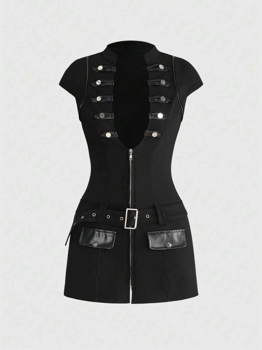 Front view of grunge punk mini dress with metal buckle detail