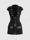 Front view of grunge punk mini dress with metal buckle detail