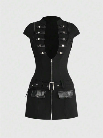 Front view of grunge punk mini dress with metal buckle detail