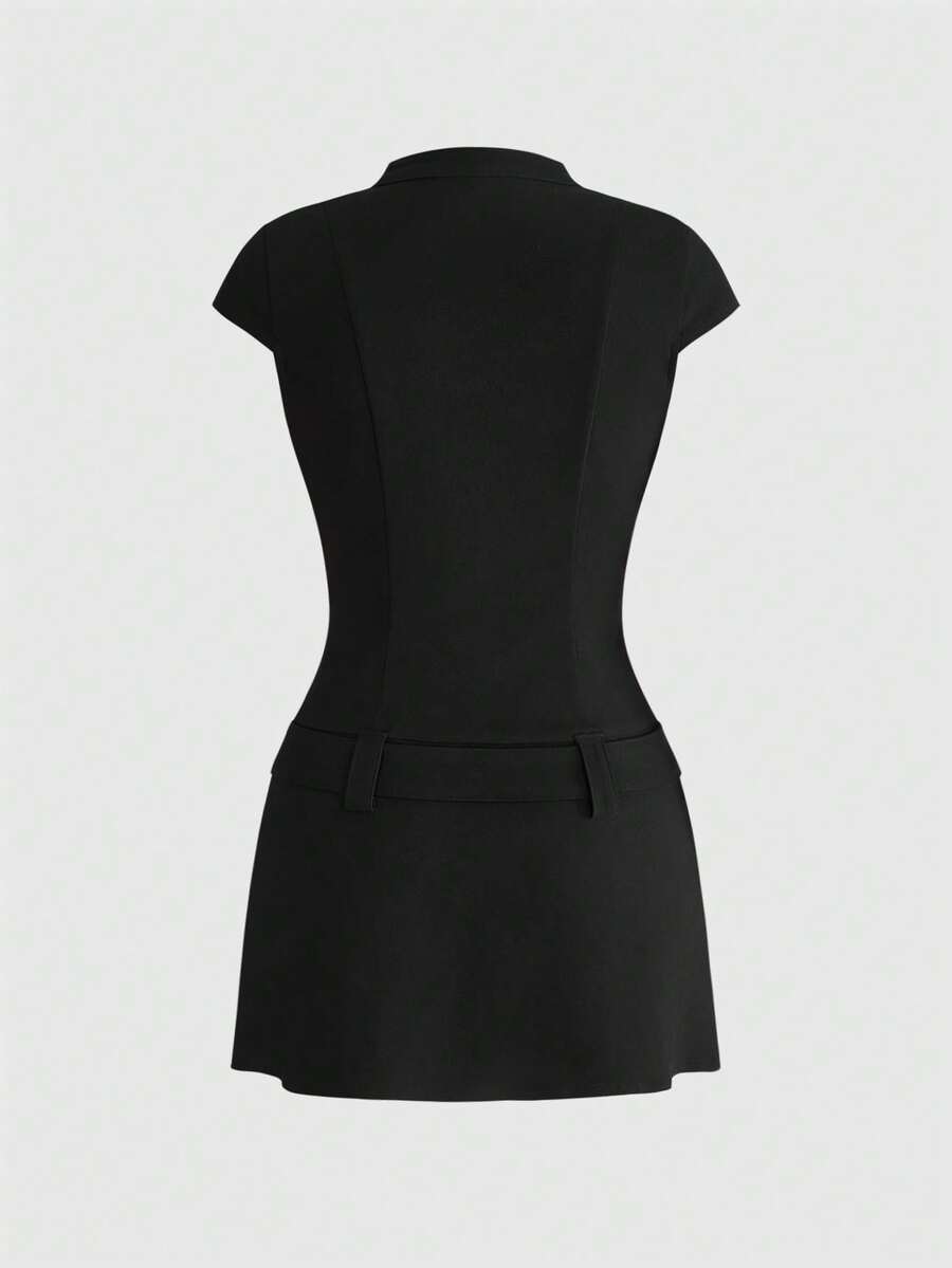 Front view of grunge punk mini dress with metal buckle detail