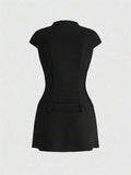 Back view of black grunge punk mini dress for festival styling