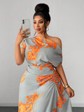 Fit detail of Plus Size Green Floral Print Ruched Waist Slit Shoulder Dress for Casual Vacations