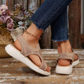 Rear side view of taupe breathable mesh sandals with white platform soles