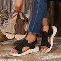 Color comparison of taupe brown and black knitted mesh wedge sandals