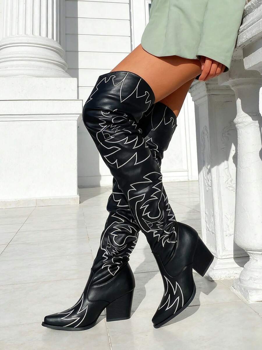Side view of Chic Over-The-Knee Ruched Slouchy Boots with Chunky Heel for Fashion-Forward Women for punk motorcycle boot styling