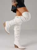 Slip-on view of Chic Over-The-Knee Ruched Slouchy Boots with Chunky Heel for Fashion-Forward Women for punk motorcycle boot styling
