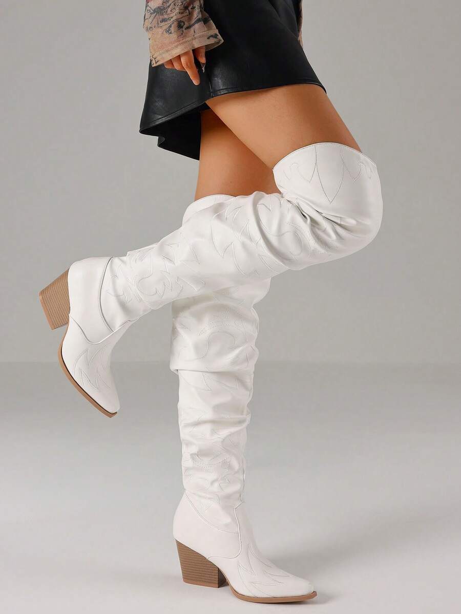 Slip-on view of Chic Over-The-Knee Ruched Slouchy Boots with Chunky Heel for Fashion-Forward Women for punk motorcycle boot styling