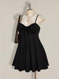 Neckline detail of Chic Plus Size Solid Color Ruched Cami Dress with Front Tie for Women
