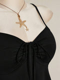 Waist detail of Chic Plus Size Solid Color Ruched Cami Dress with Front Tie for Women