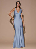 Front view of sage green sleeveless deep V-neck maxi dress with crossed open back, shown for wedding and evening wear