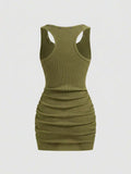 Dark grey fitted mini dress with scoop neck and slim silhouette