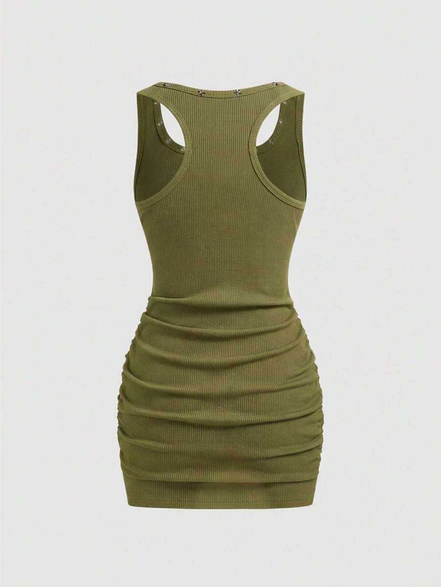 Dark grey fitted mini dress with scoop neck and slim silhouette