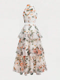 Side view of pink floral two-piece skirt set with flowing A-line hem