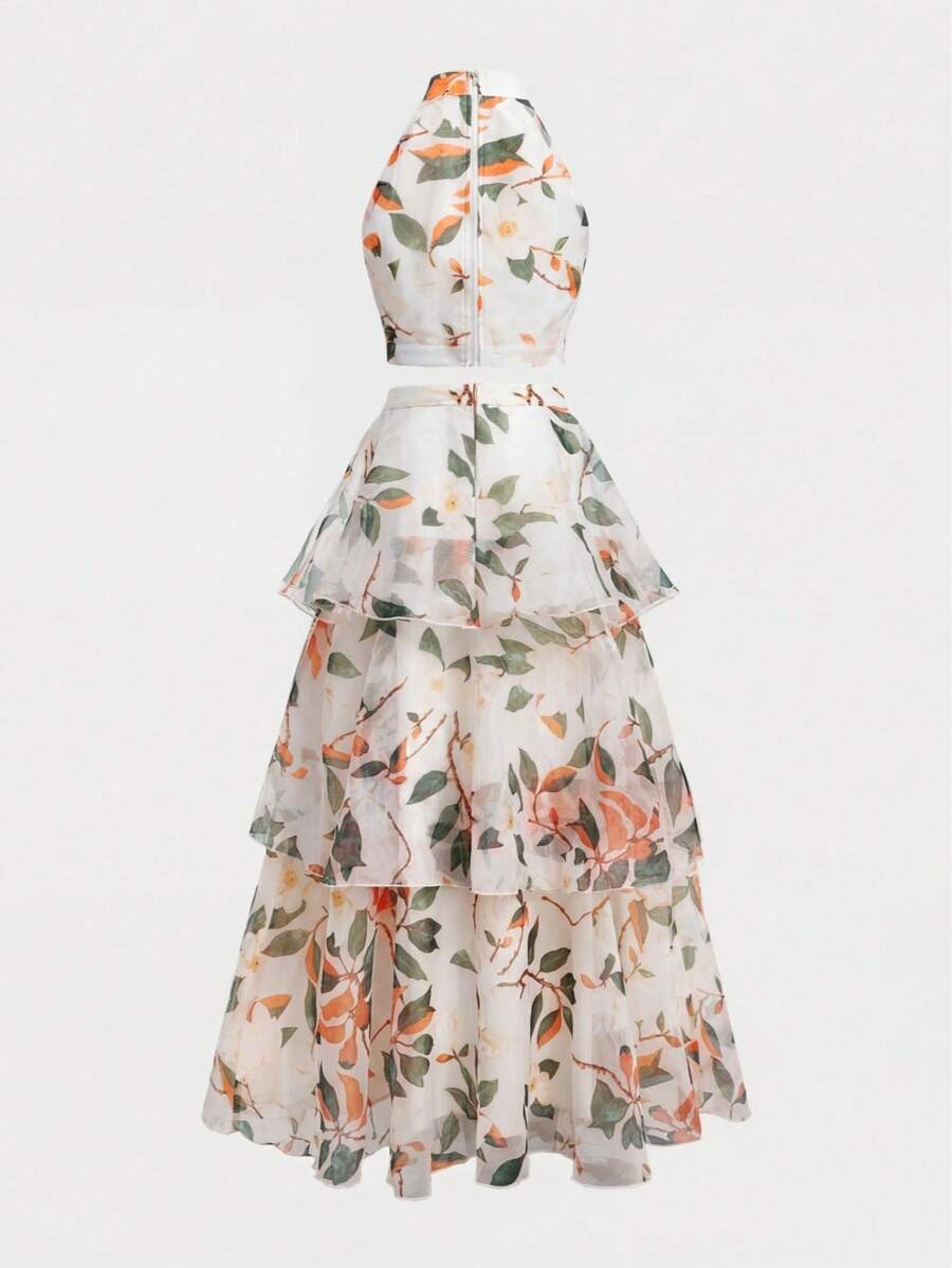 Side view of pink floral two-piece skirt set with flowing A-line hem