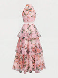 Side view of aqua botanical maxi skirt set with cascading tiers