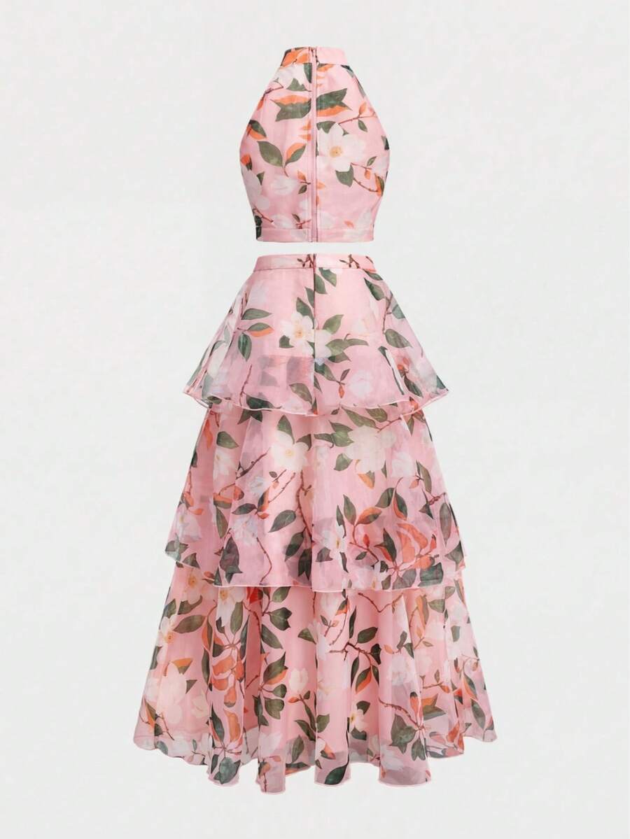Side view of aqua botanical maxi skirt set with cascading tiers