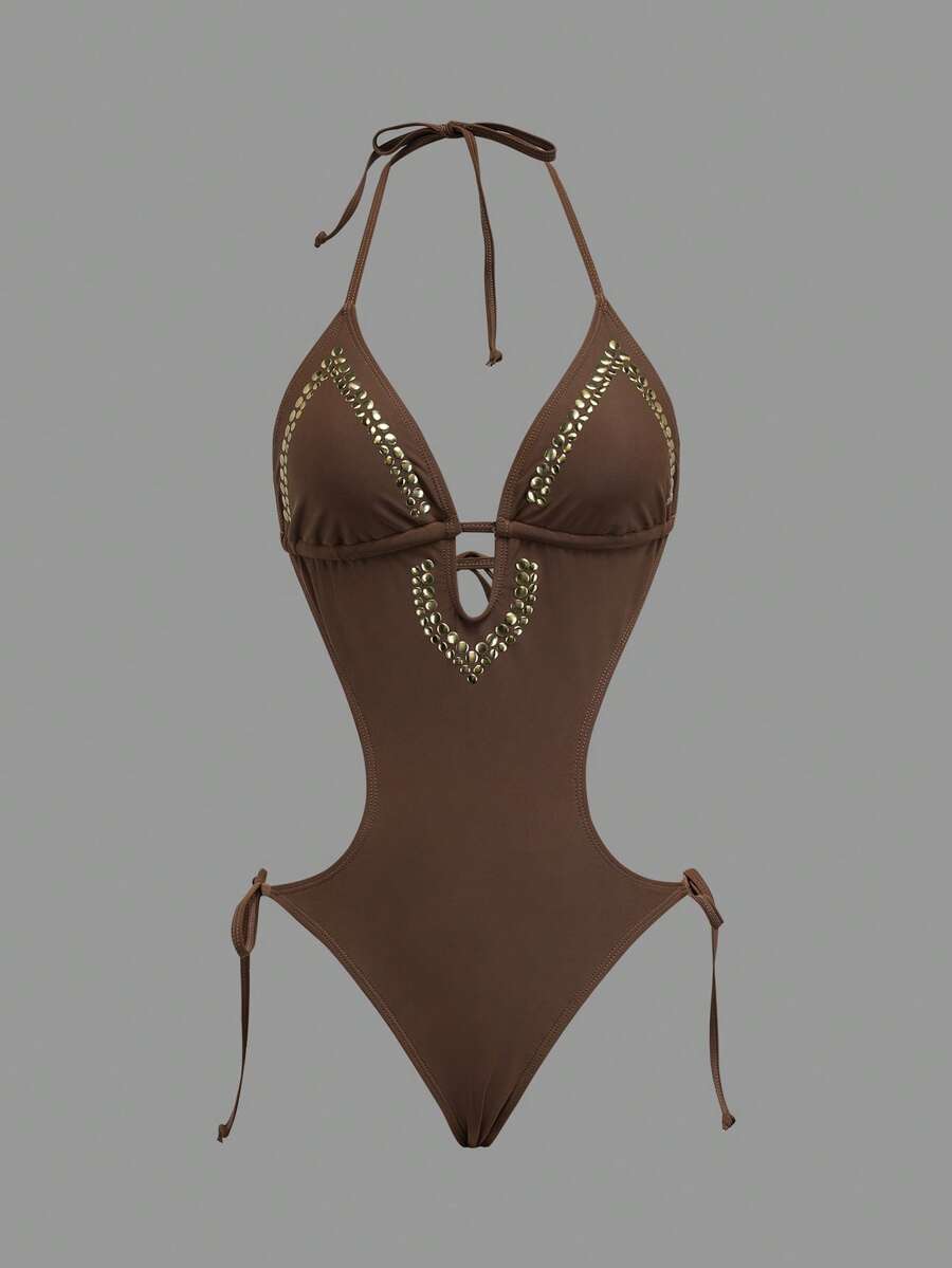 Front studio view of brown halter studded cutout one-piece swimsuit with deep V neckline and hip ties for beach party styling