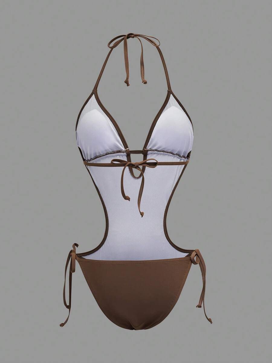 Back studio view of brown halter cutout one-piece swimsuit with open back and tie details for beach party styling
