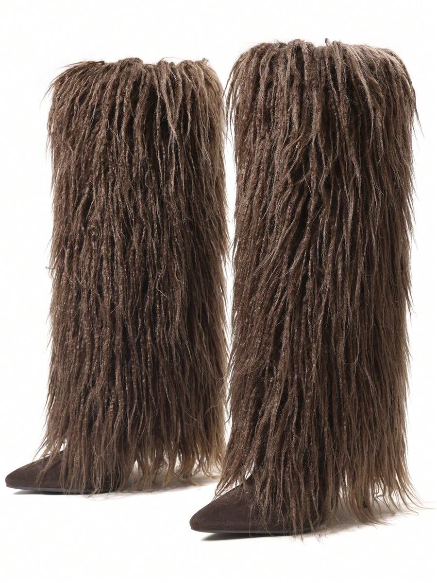 Back view of Knee-High Stiletto Boots for Women – Pointed Toe Mongolian Furry Fashion Footwear for punk motorcycle boot styling