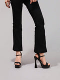 Black lace panel platform sandal view 3 with open toe and ankle strap