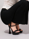 Black lace panel platform sandal view 1 with open toe and ankle strap