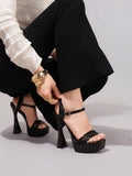 Black lace panel platform sandal view 5 with open toe and ankle strap