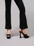 Black lace mesh platform sandal view 4 with open toe and ankle strap