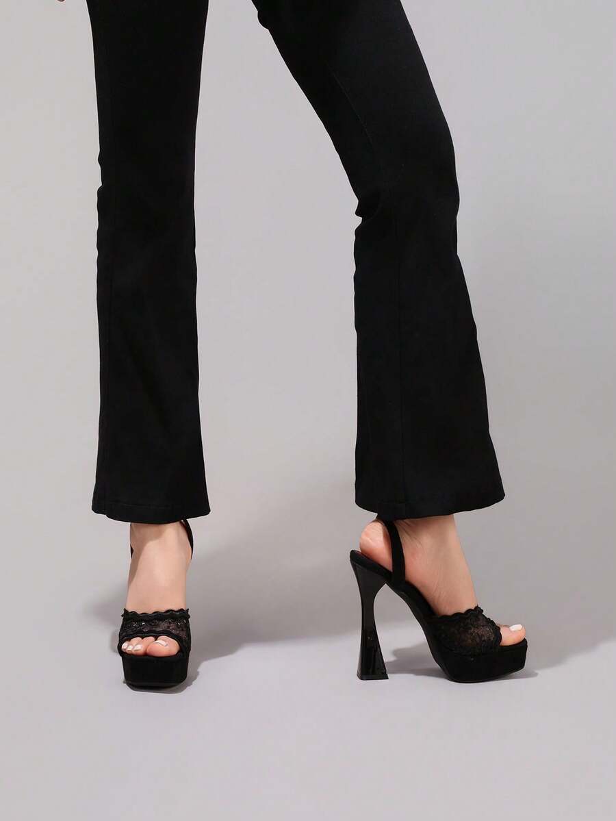 Black lace mesh platform sandal view 4 with open toe and ankle strap