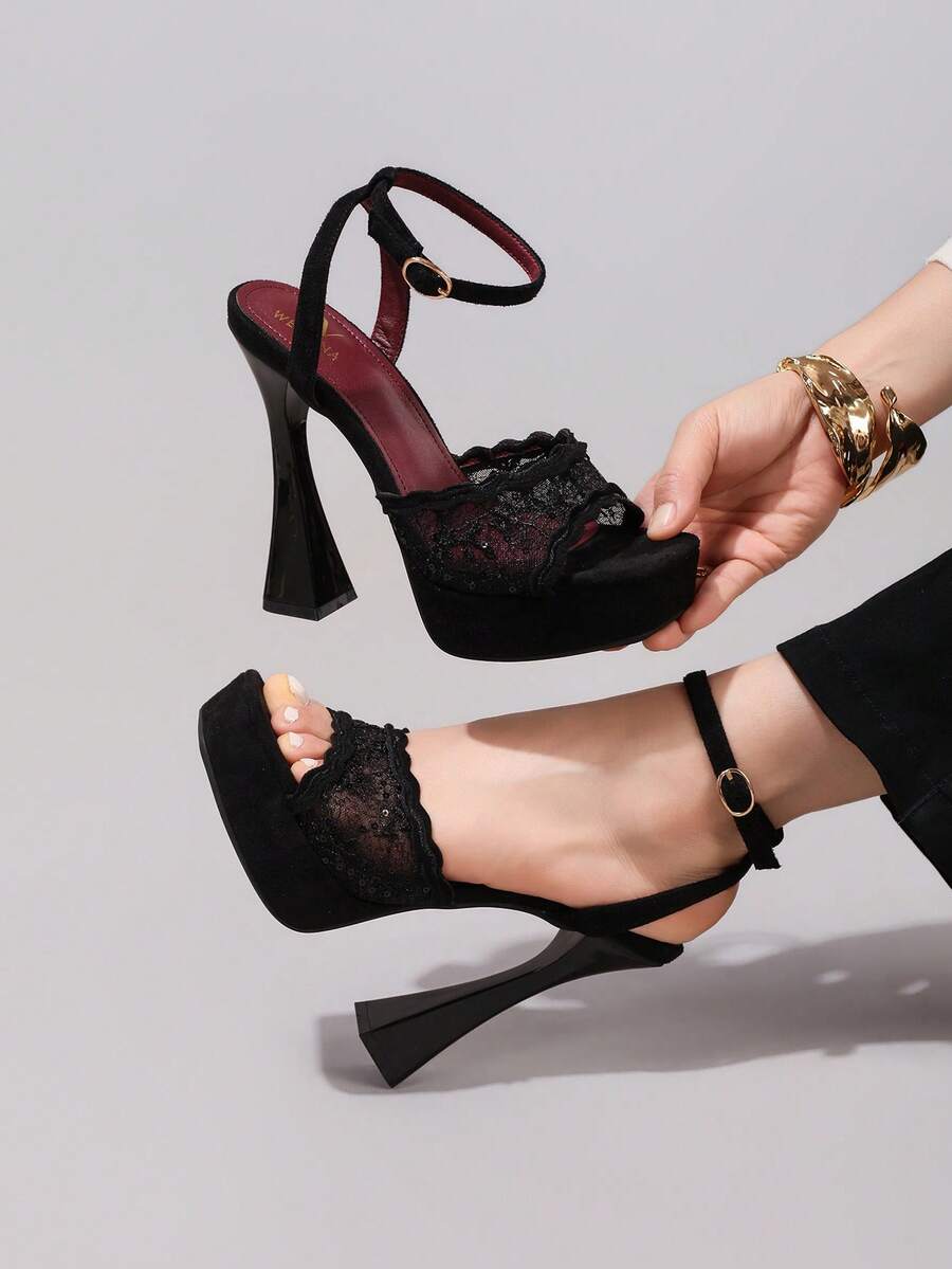 Elegant Black Lace Embroidered High Heel Platform Sandals for Women - Perfect for Parties and Night Out unique product image 1 black lace embroidered high heel platform sandal styling