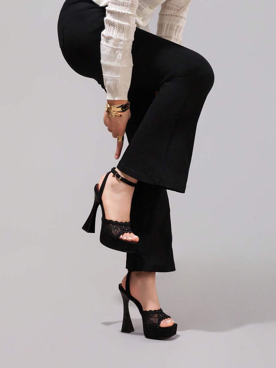 Black lace mesh platform sandal view 5 with open toe and ankle strap