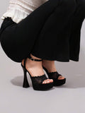 Black lace mesh platform sandal view 2 with open toe and ankle strap