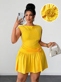 Fabric detail of Chic Plus Size Lemon Yellow Floral Midi Dress with 3D Design and Ruched Waist for Elegant Daily Wear and Parties