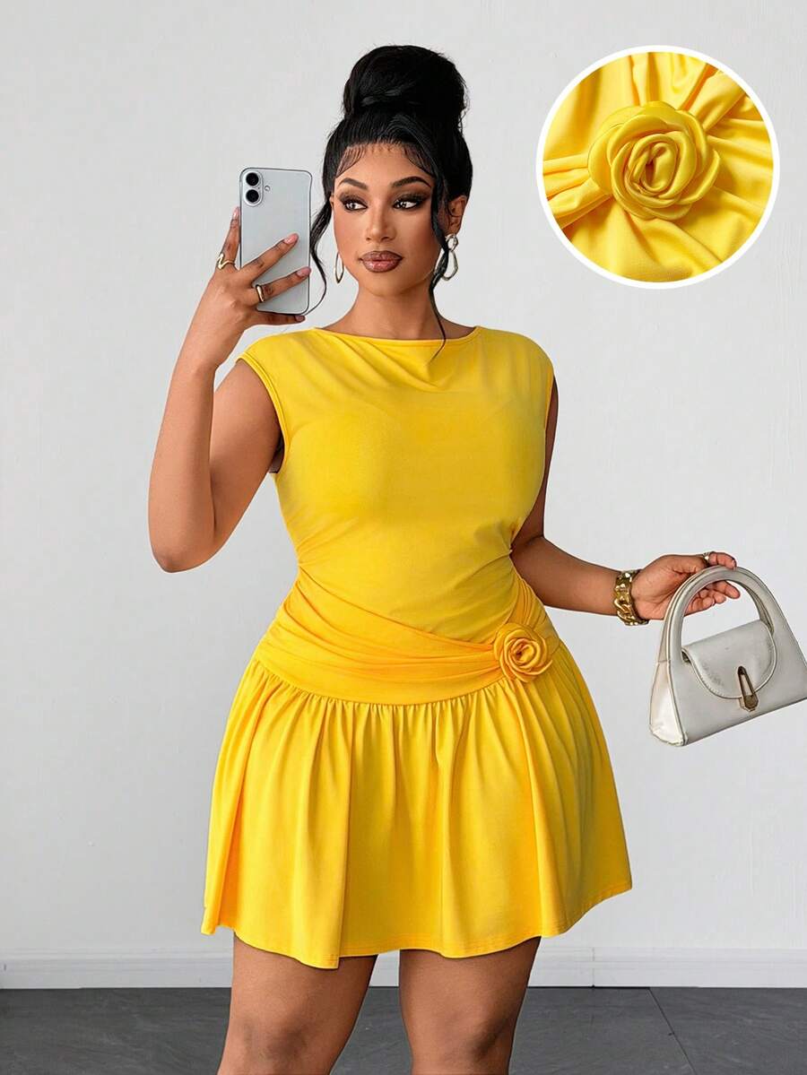 Fabric detail of Chic Plus Size Lemon Yellow Floral Midi Dress with 3D Design and Ruched Waist for Elegant Daily Wear and Parties