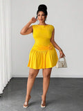 Full length view of Chic Plus Size Lemon Yellow Floral Midi Dress with 3D Design and Ruched Waist for Elegant Daily Wear and Parties