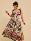Full front view of multicolor botanical plus size cami maxi dress