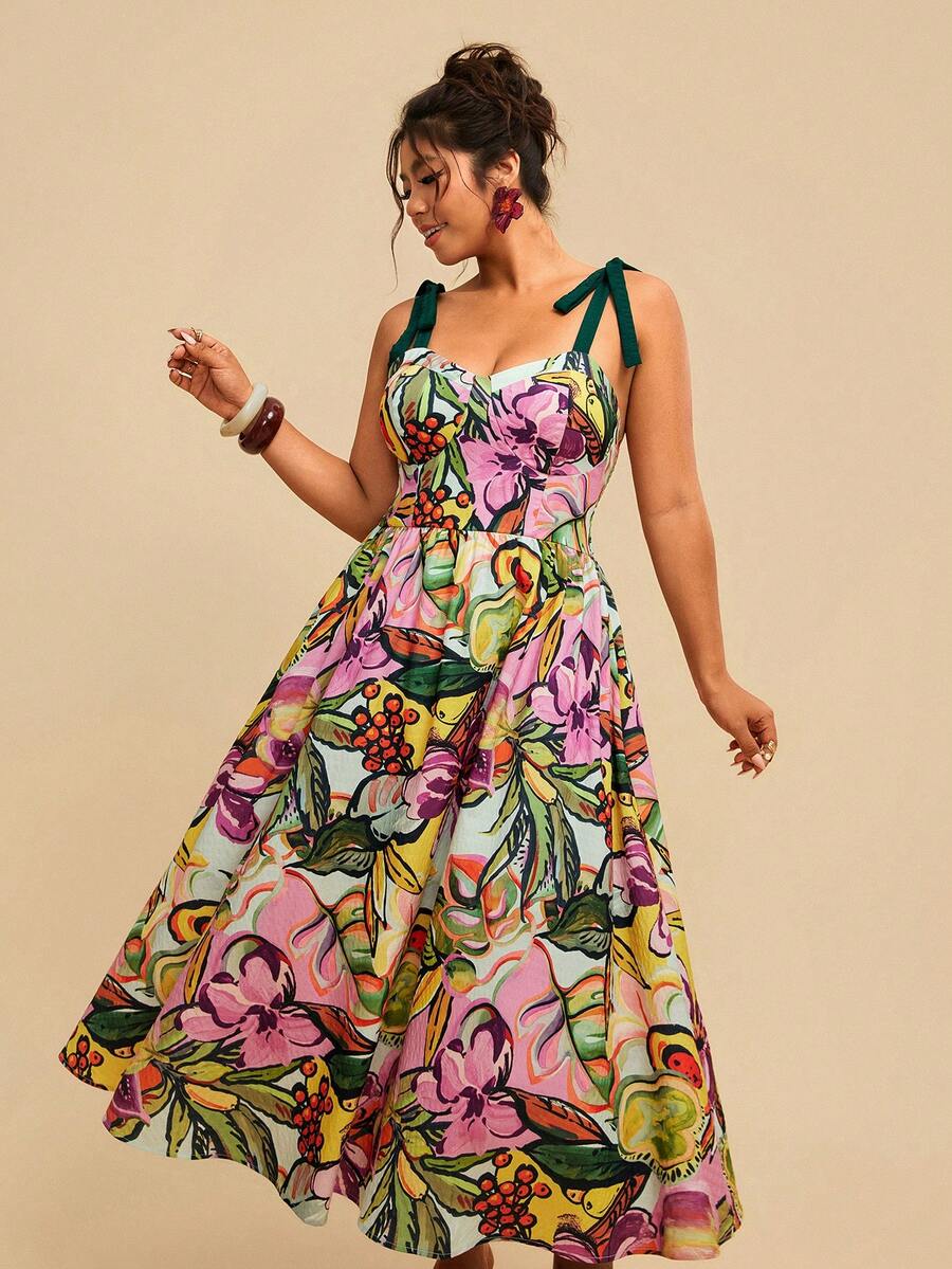 Full front view of multicolor botanical plus size cami maxi dress