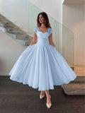 Front Full-Length View of powder blue colorblock A-line midi dress with cap sleeves for wedding guest styling