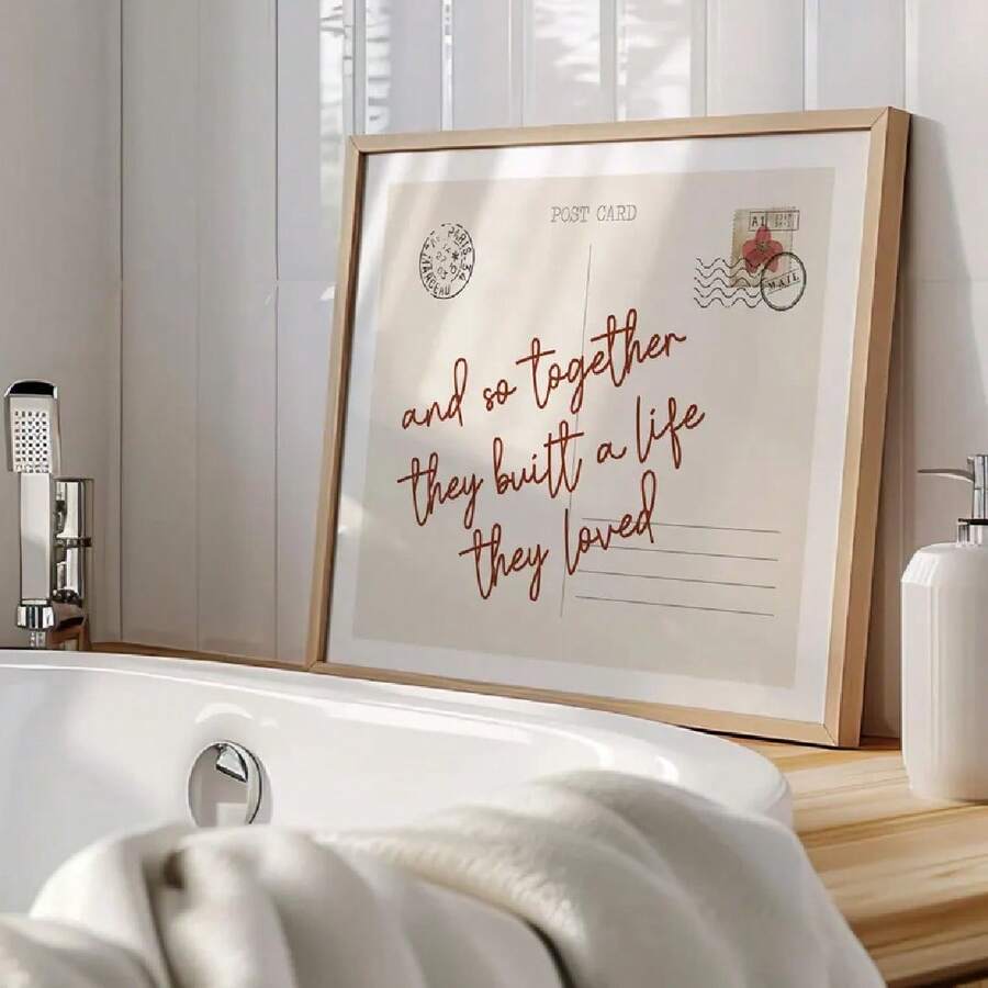 Vintage postcard love wall art displayed in a bathroom