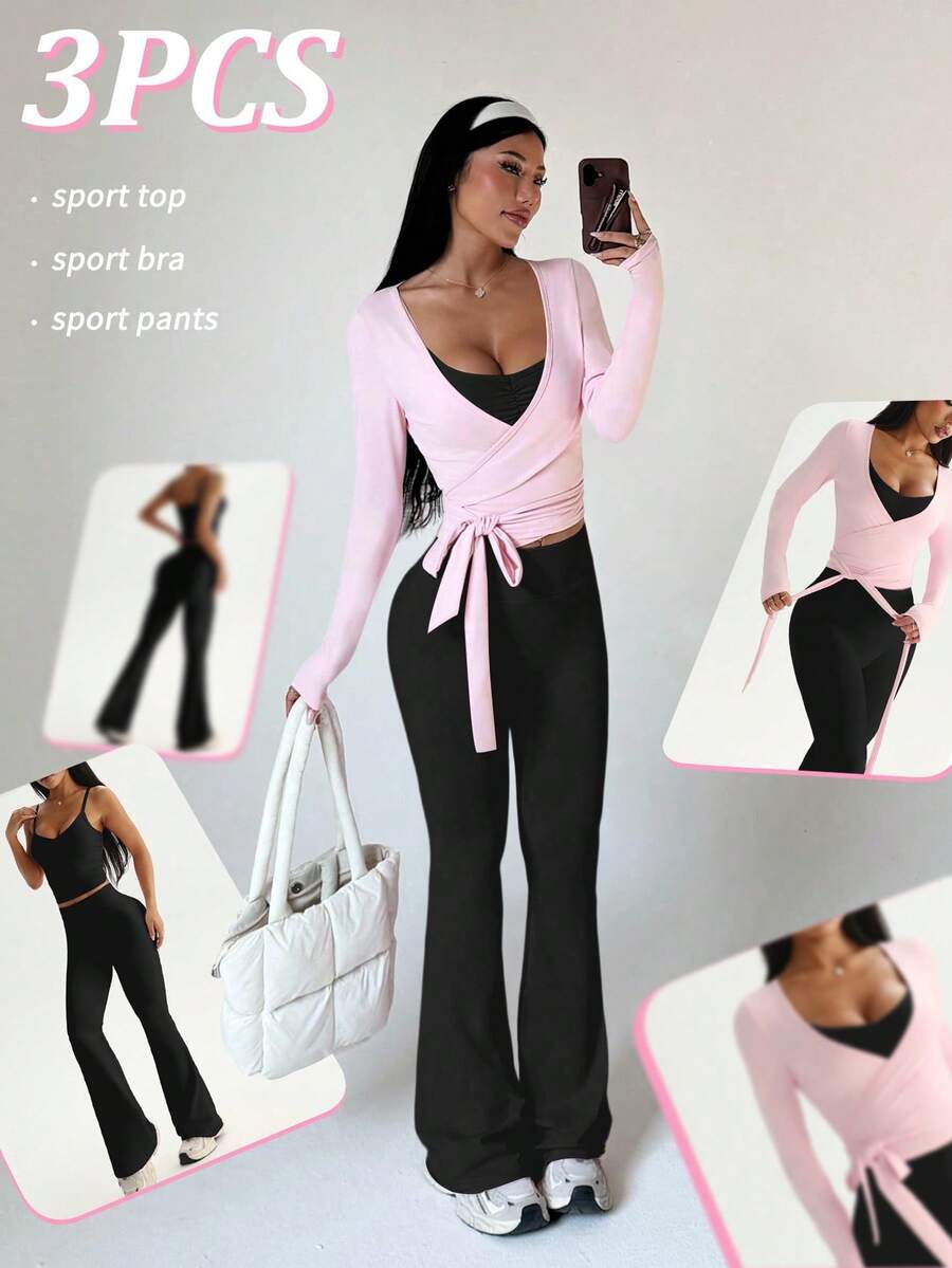 three piece wrap sport top spaghetti strap bra and high waist flared pants activewear set image 1