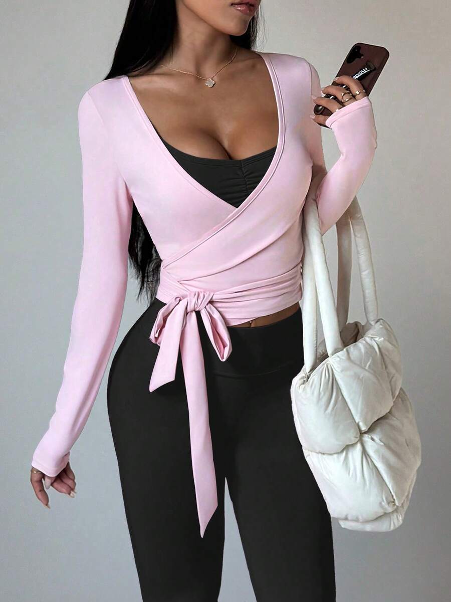 three piece wrap sport top spaghetti strap bra and high waist flared pants activewear set image 1